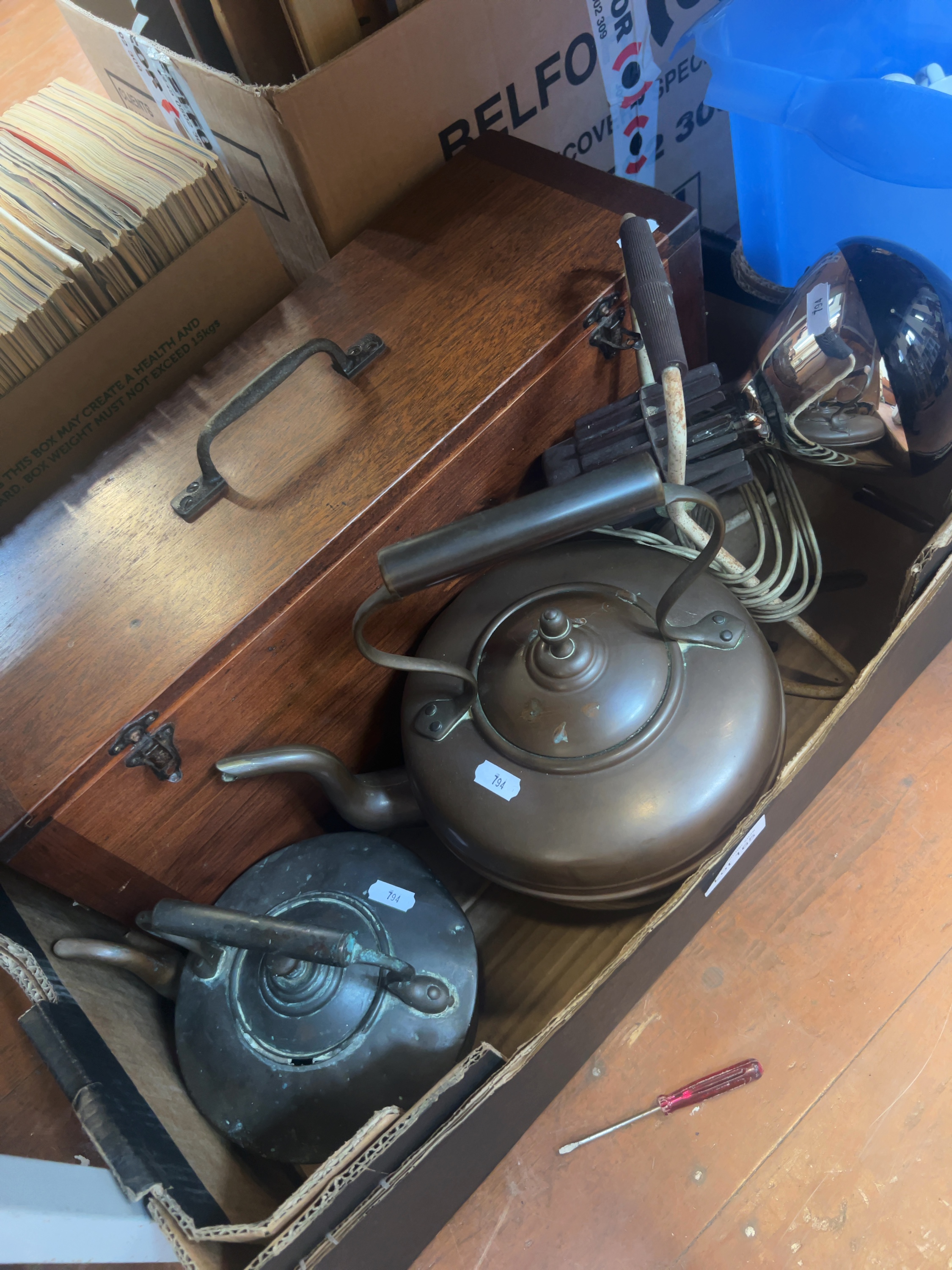 Late 19th and 20th Century Domestic Items including Copper Kettles, Fitted Wooden Case, and Inspection Lamp