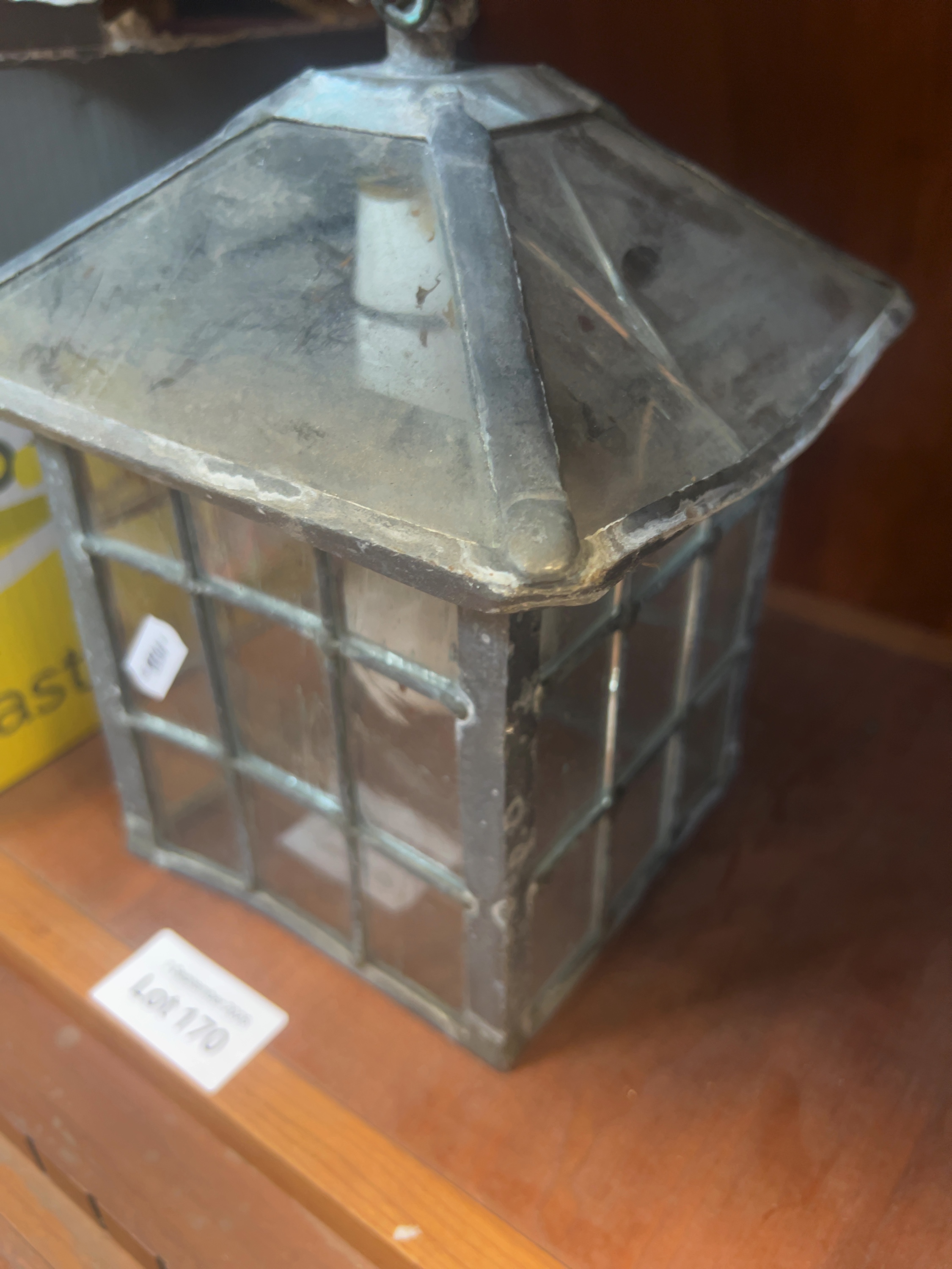 Arts & Crafts Style Leaded Glass and Metal Hall Lantern