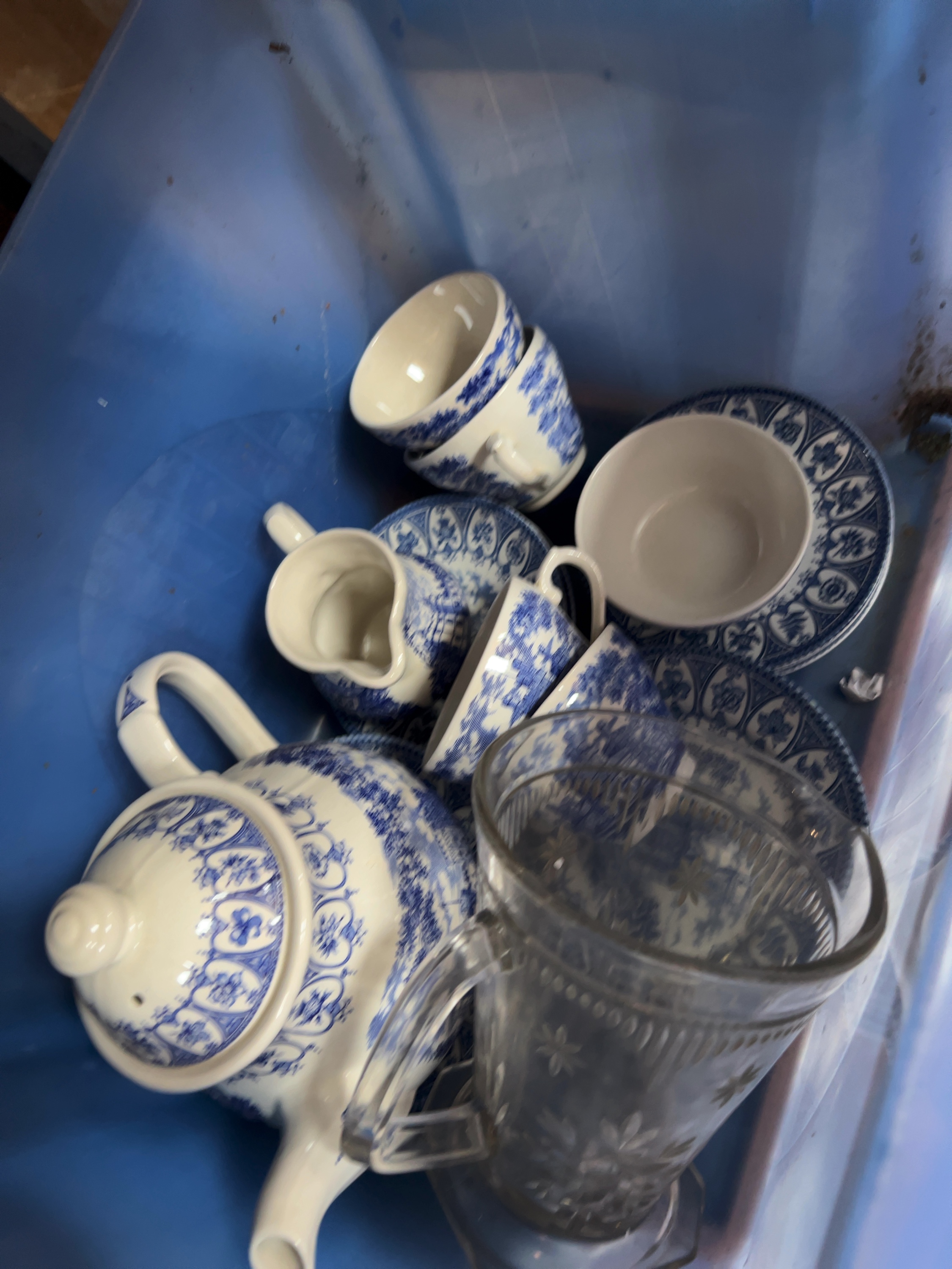 Blue and White Transferware Tea Service including a Moulded Glass Pitcher