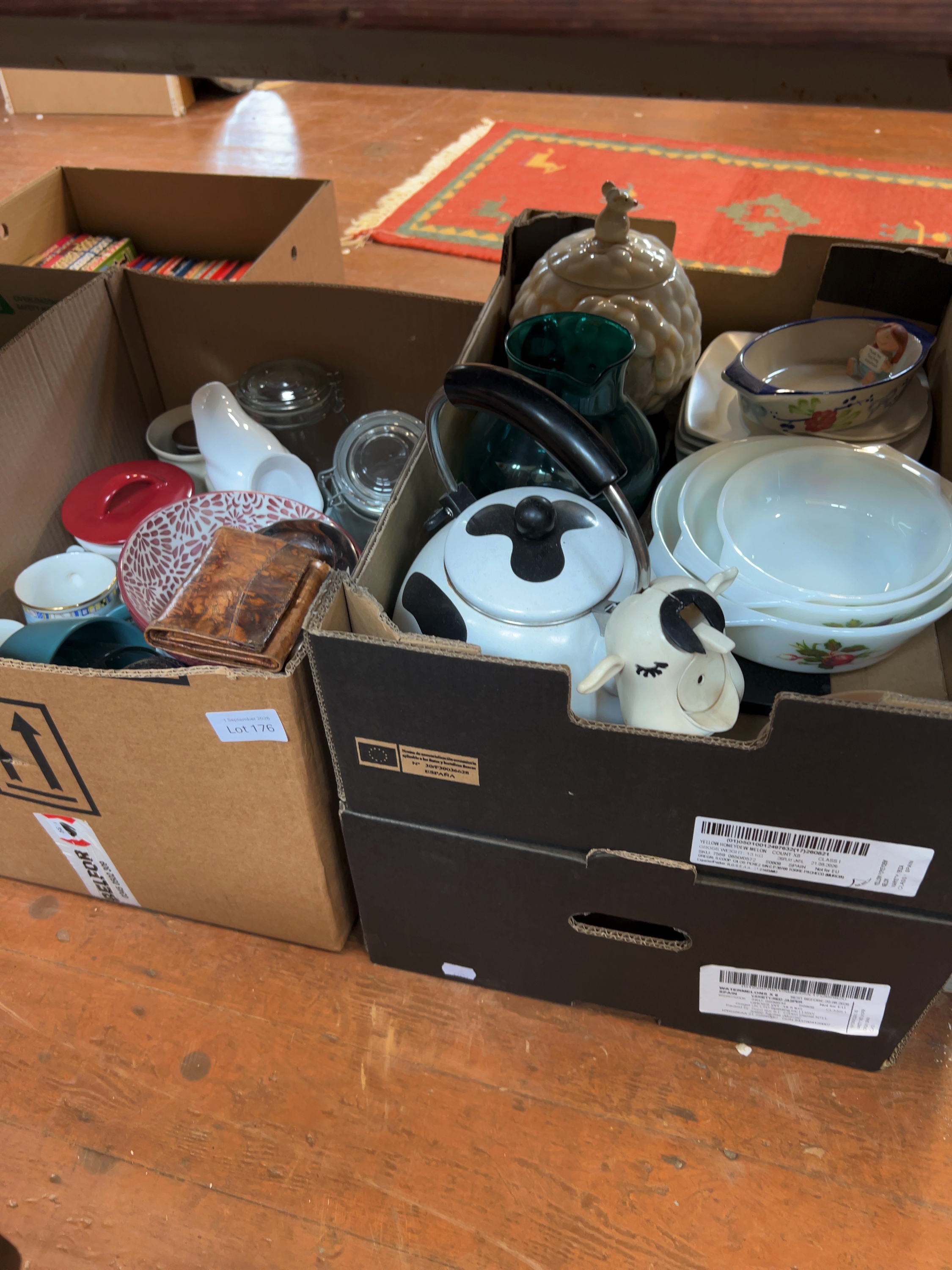 Household Kitchenware, Ceramics, Glassware and Judge Dredd Comics including Cow-Themed Enamel Kettle