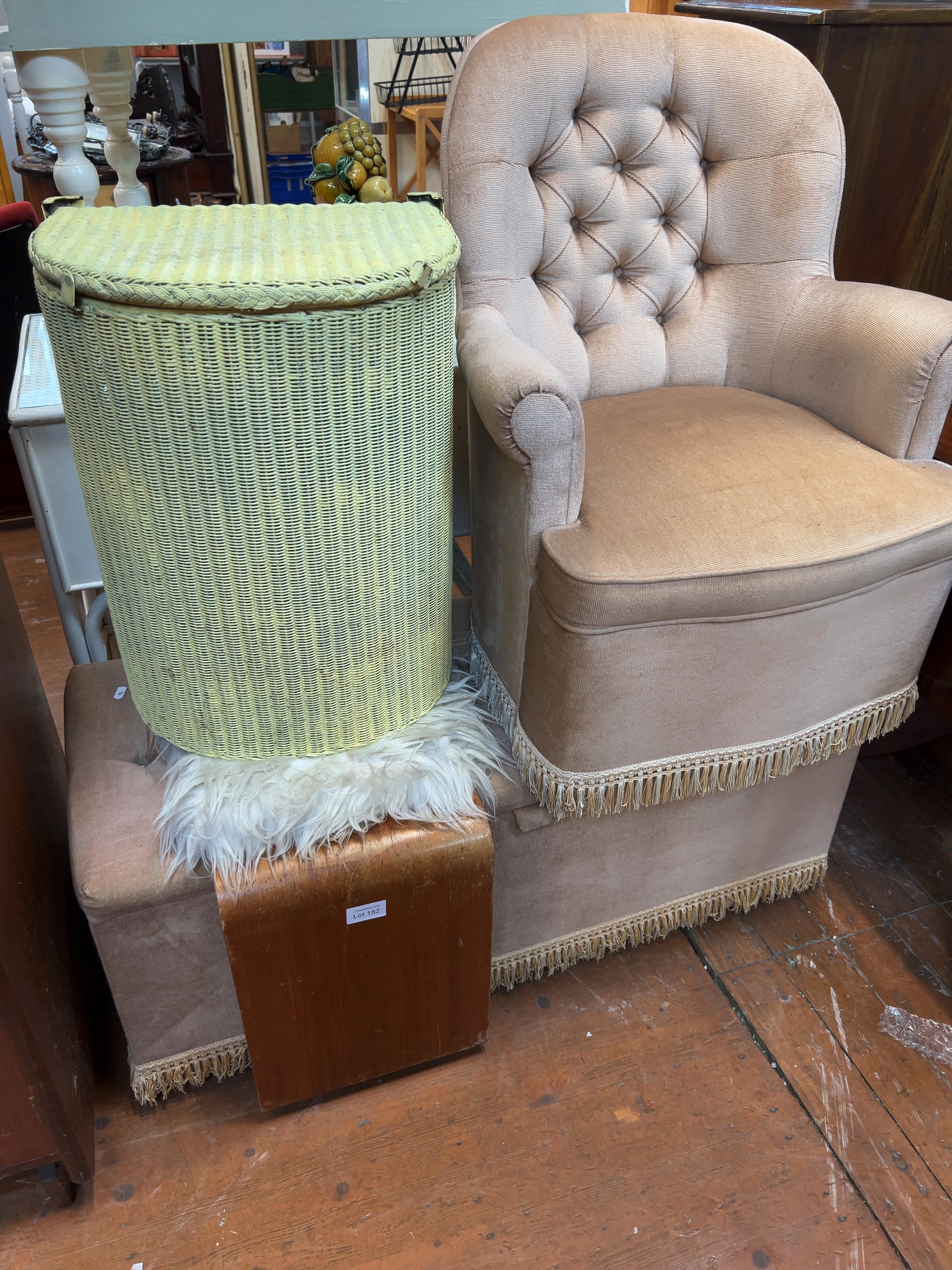 Mid-20th Century Furniture and Decorative Items including Lloyd Loom Basket and Tufted Armchair