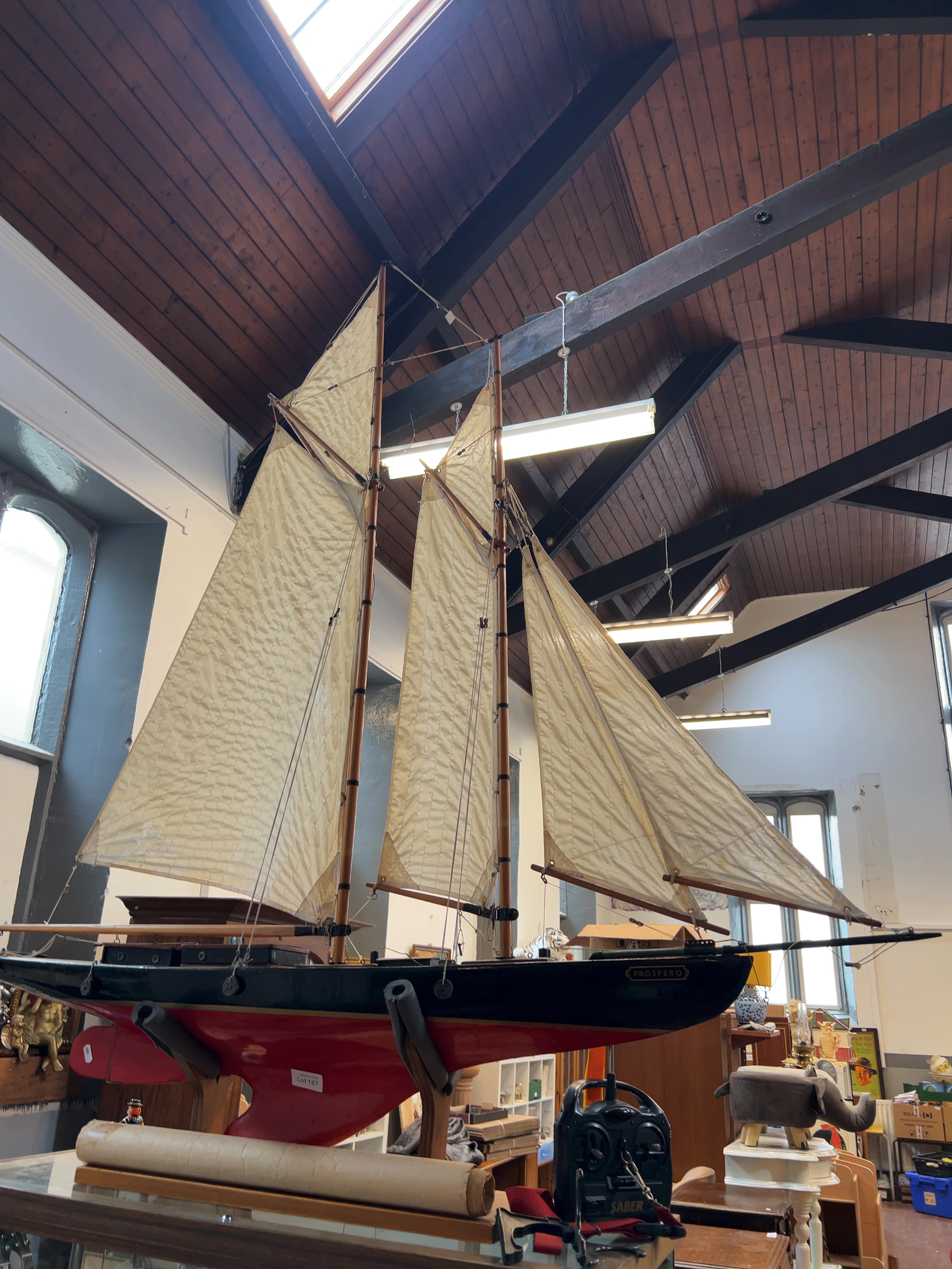 Mid-20th Century William Daniels Design Wood Radio-Controlled Model Gaff Schooner Yacht Prospero