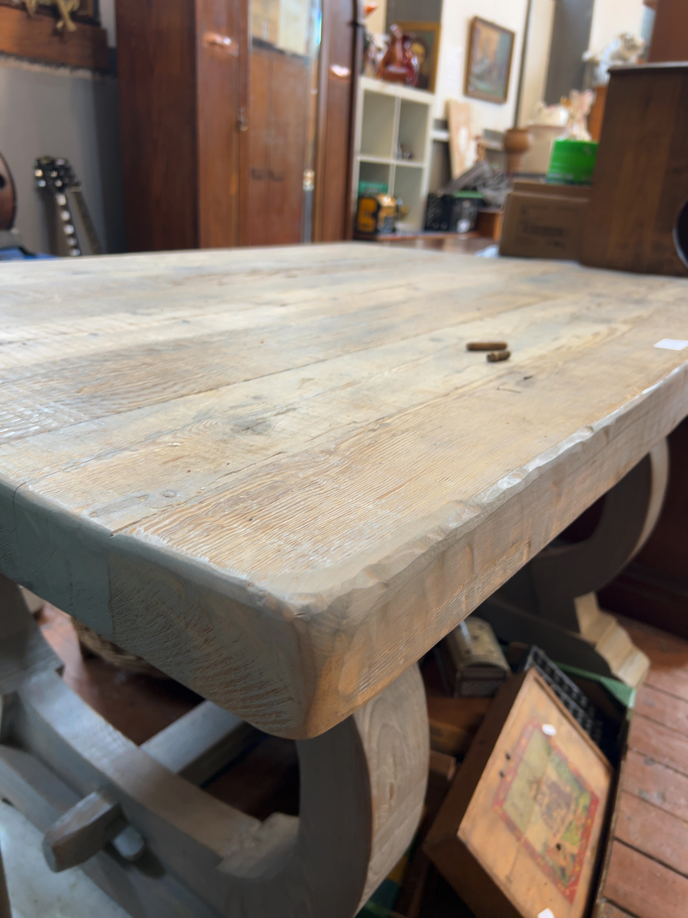 Contemporary Rustic Grey-Washed Softwood Trestle Refectory Dining Table