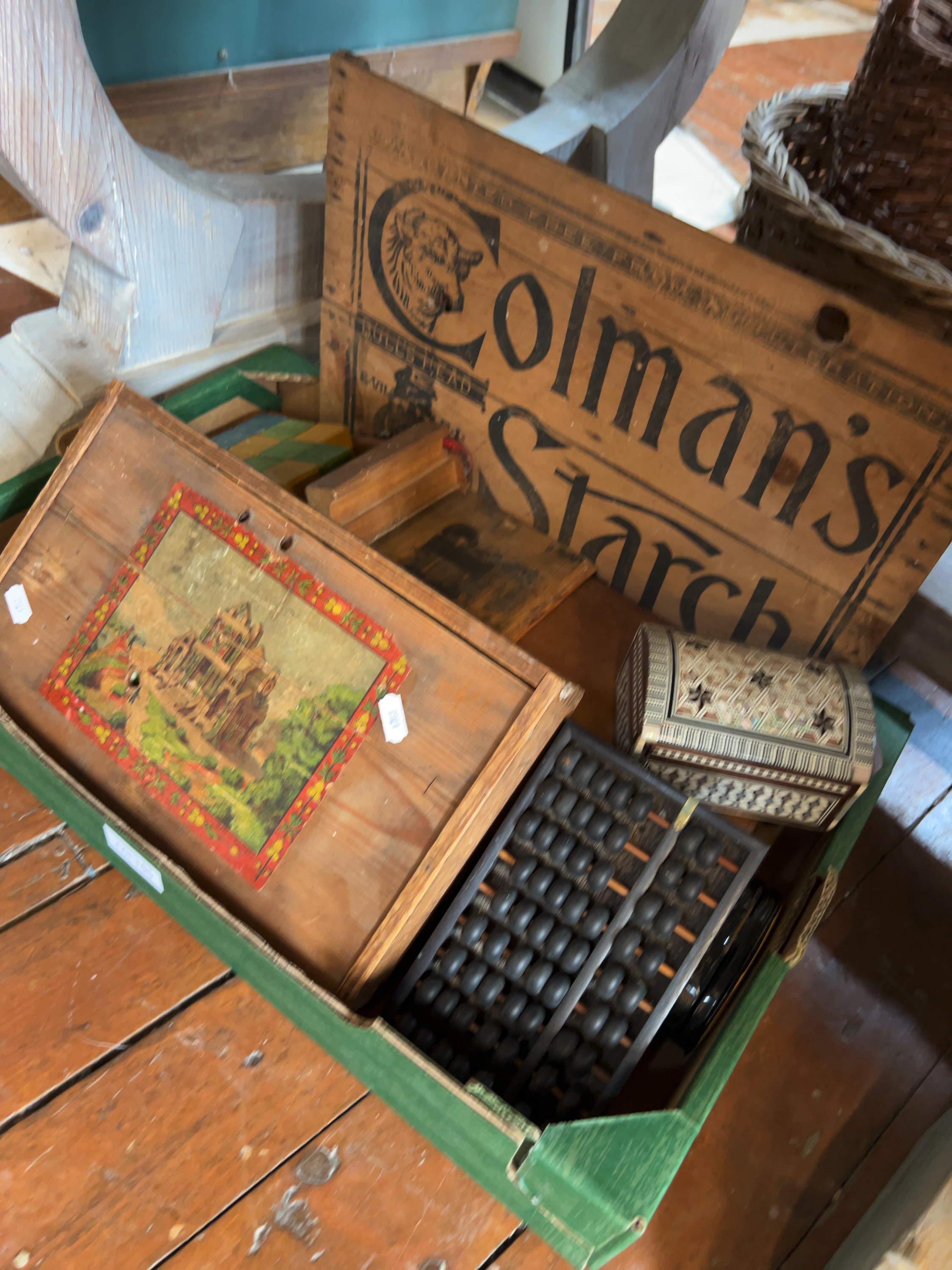 Vintage Household Collectibles and Advertising Objects including a Colman's Starch Crate Panel