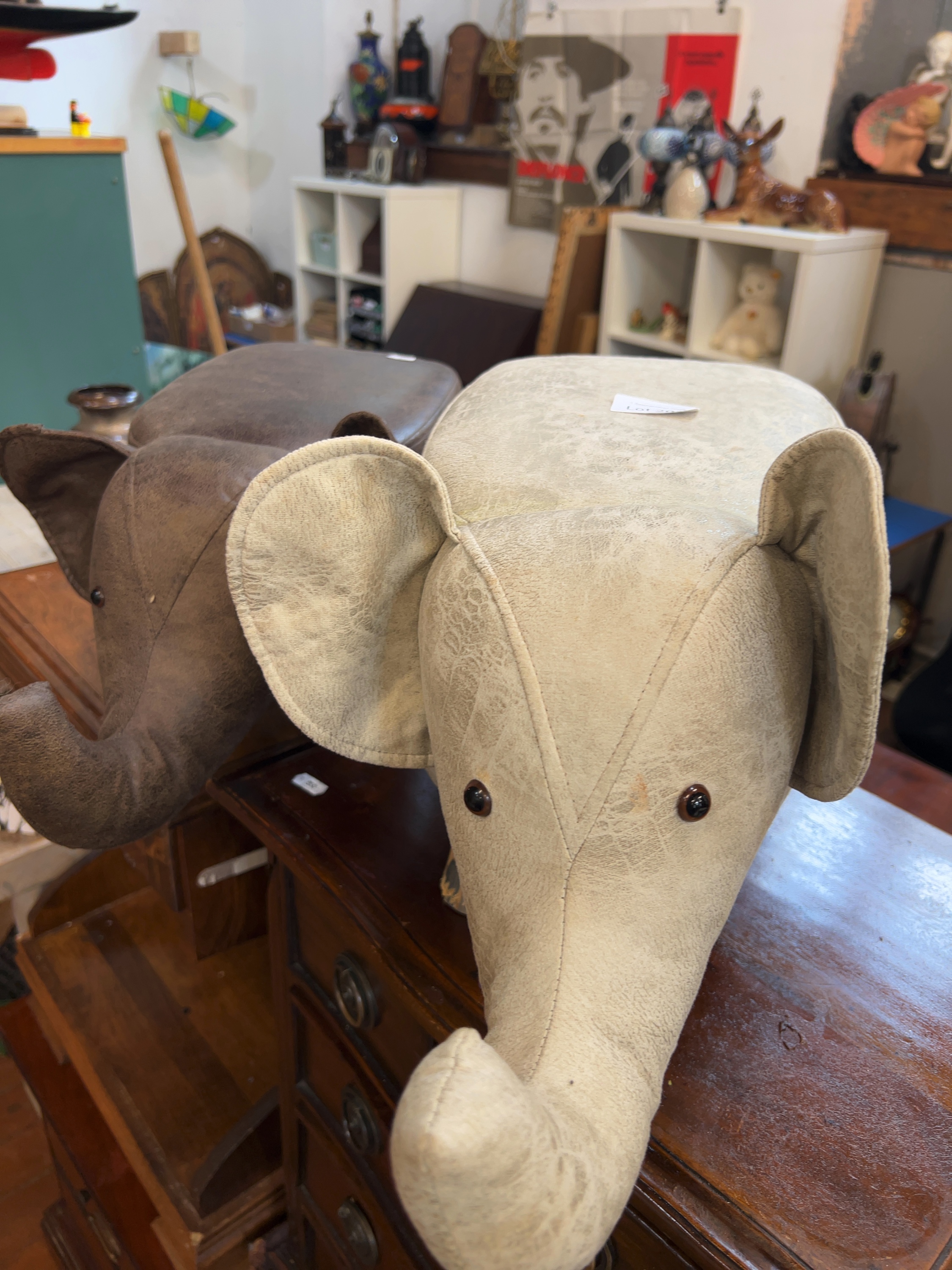 Two Modern Novelty Faux-Suede Elephant-Form Footstools