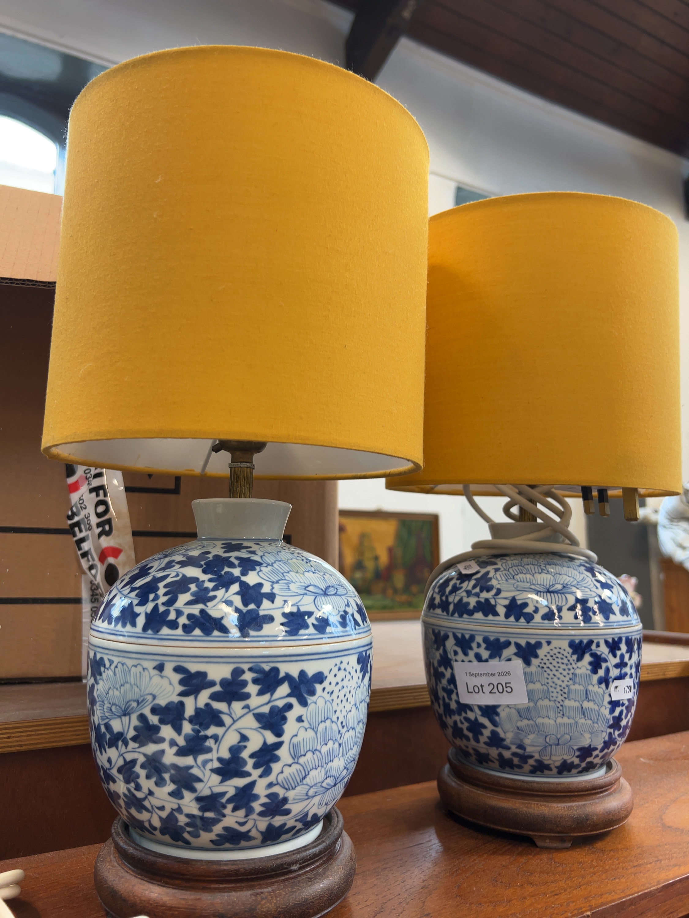 Two Chinese-Style Blue and White Porcelain Ginger Jar Table Lamps with Yellow Shades