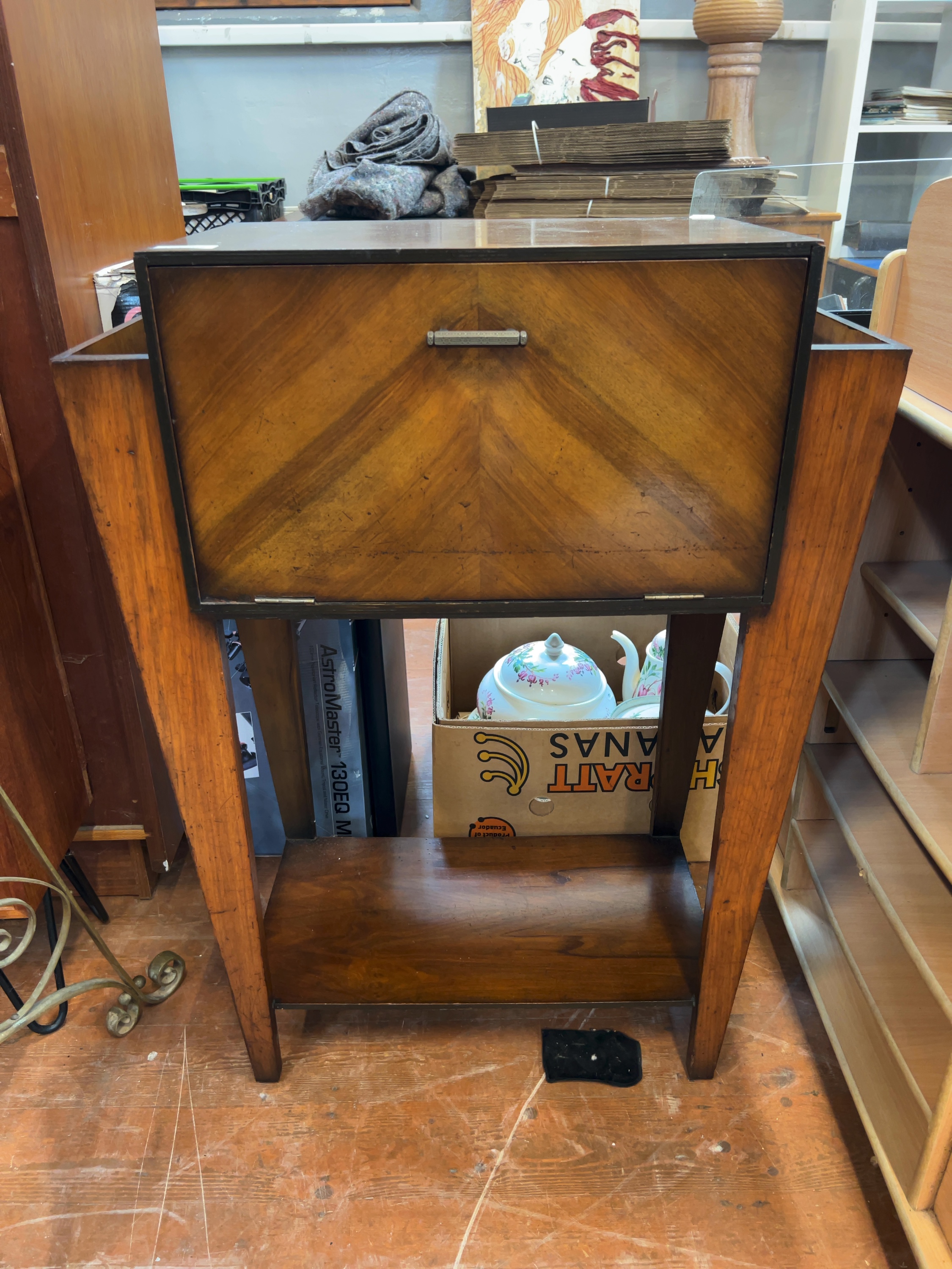 Art Deco Walnut Veneered Drop-Front Bureau with Integrated Magazine Racks