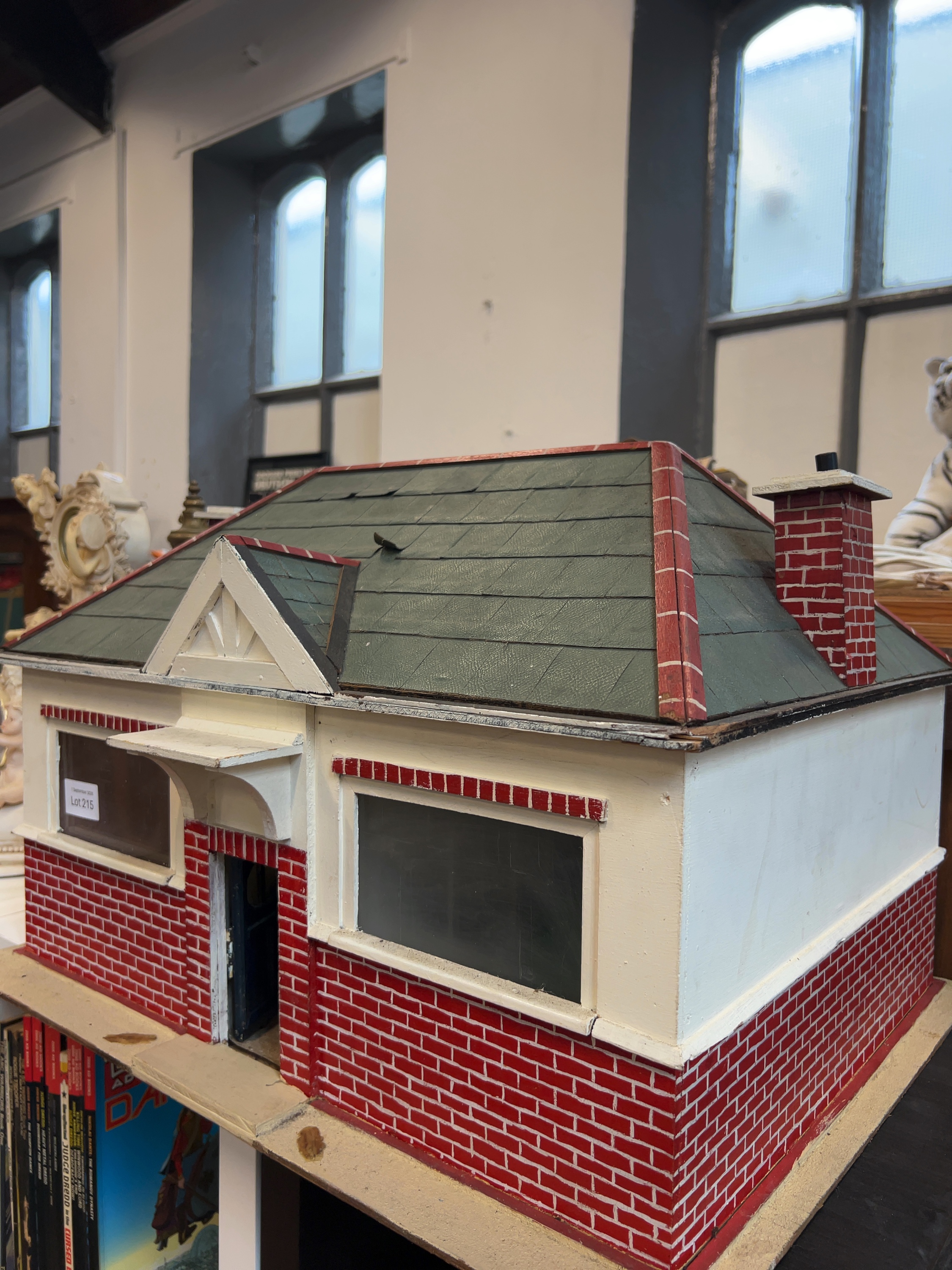 Mid-20th Century Painted Wood and Composition Board Dollhouse Bungalow including Vintage Furniture and Accessories