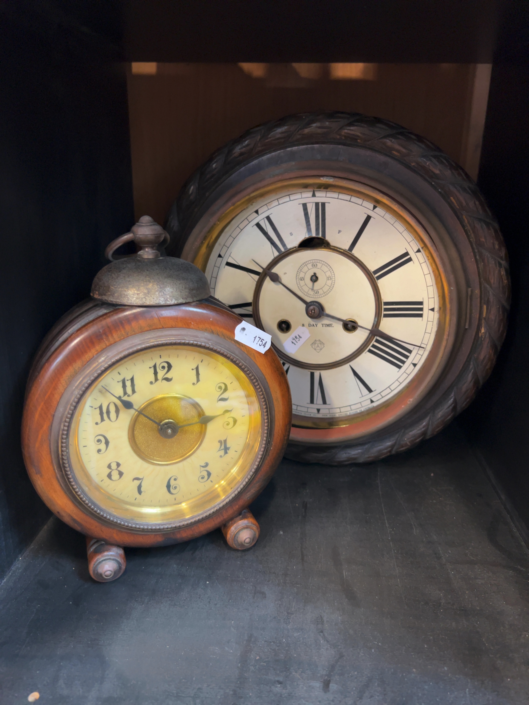 Two Early 20th Century Wooden Cased Clocks Including Ansonia 8-Day Wall Clock