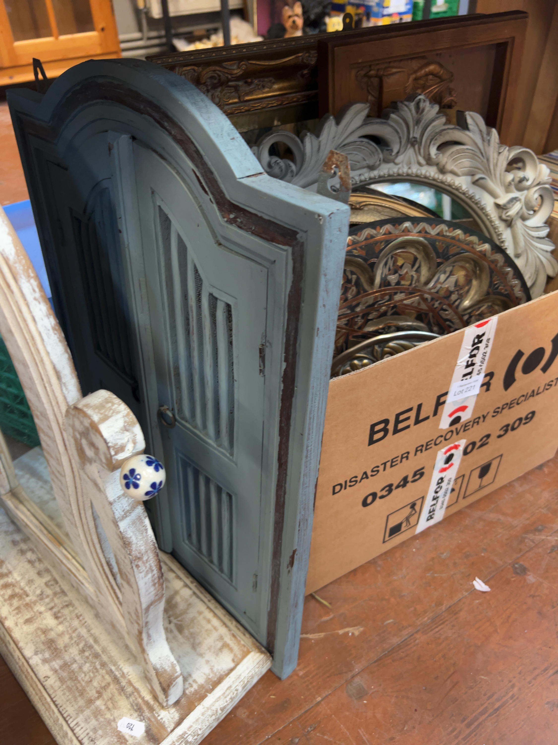 Multiple Distressed Wood and Composite Mirrors and Decorative Wall Panels including a Large Metal Charger