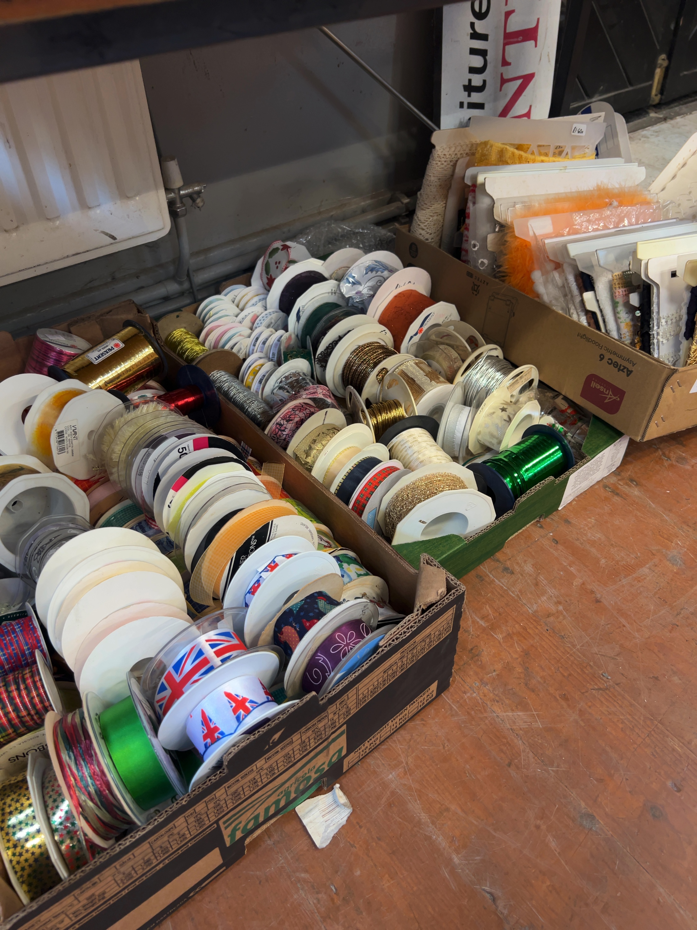 Three Boxes of Assorted Haberdashery and Craft Trimmings including Vivant, PRÄSENT and Groves
