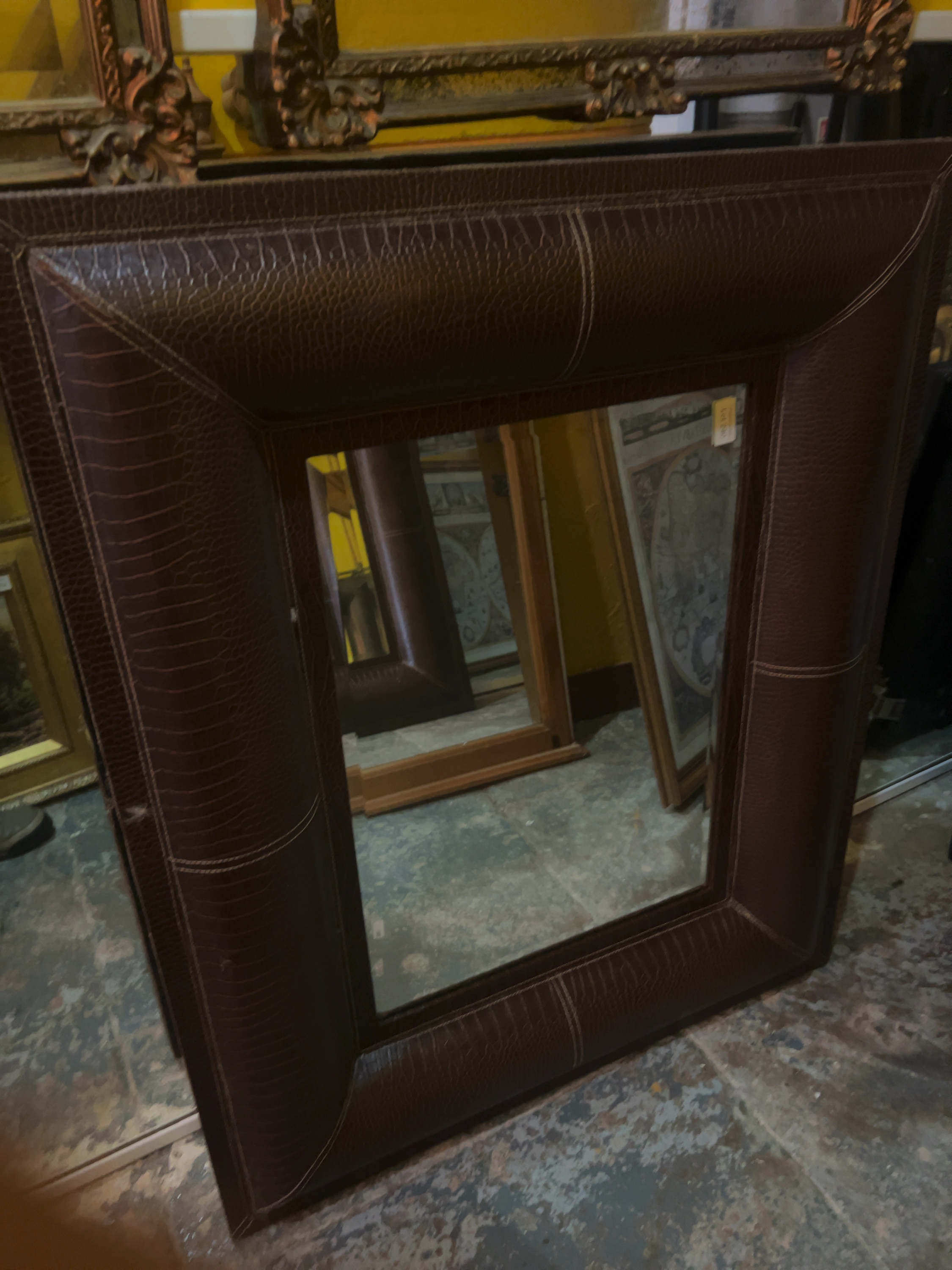 Modern Brown Crocodile-Embossed Upholstered Wall Mirror