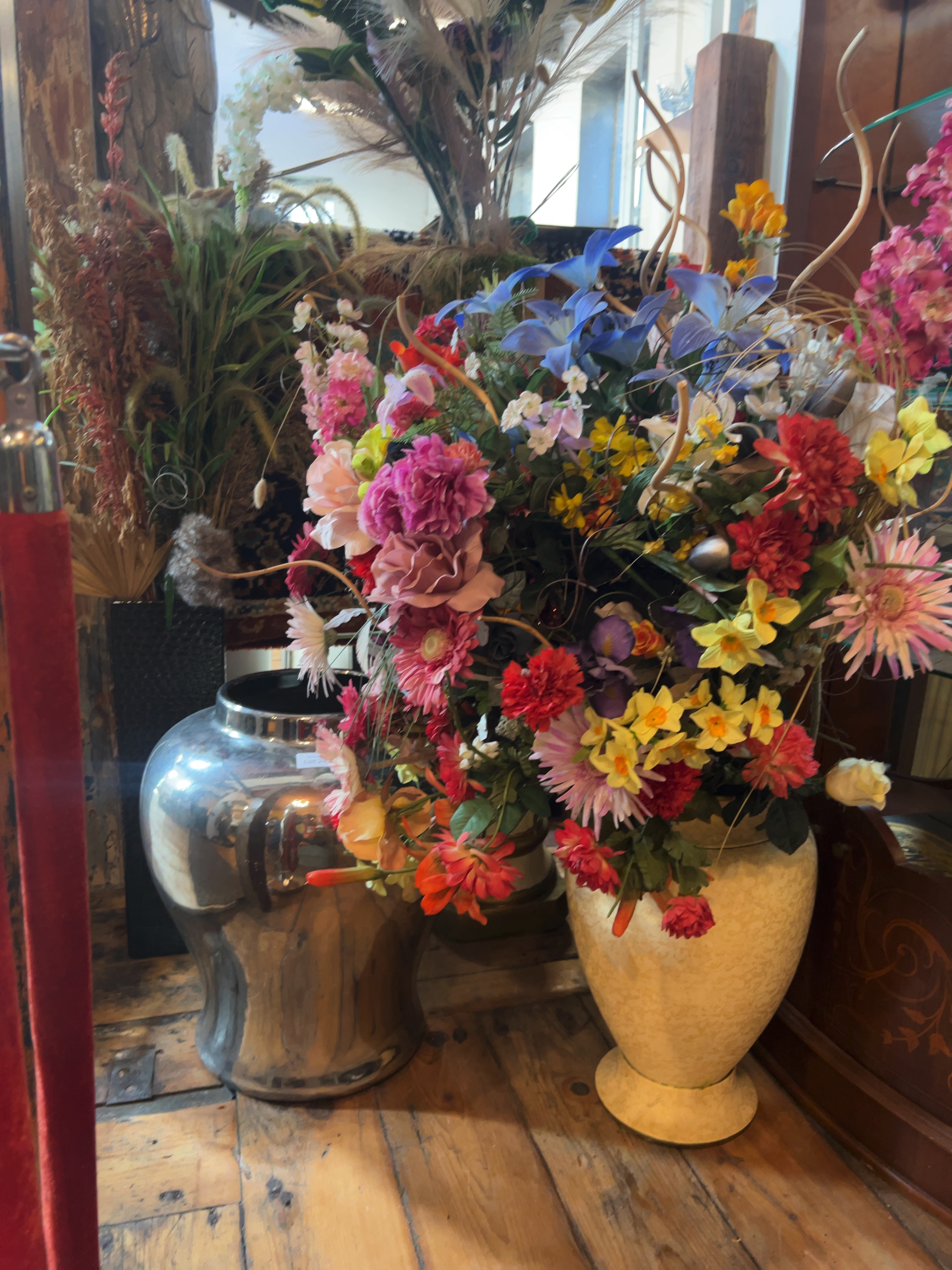 Contemporary Metallic and Textured Ceramic Vases including Handcrafted Chenille Stem and Silk Floral Arrangements