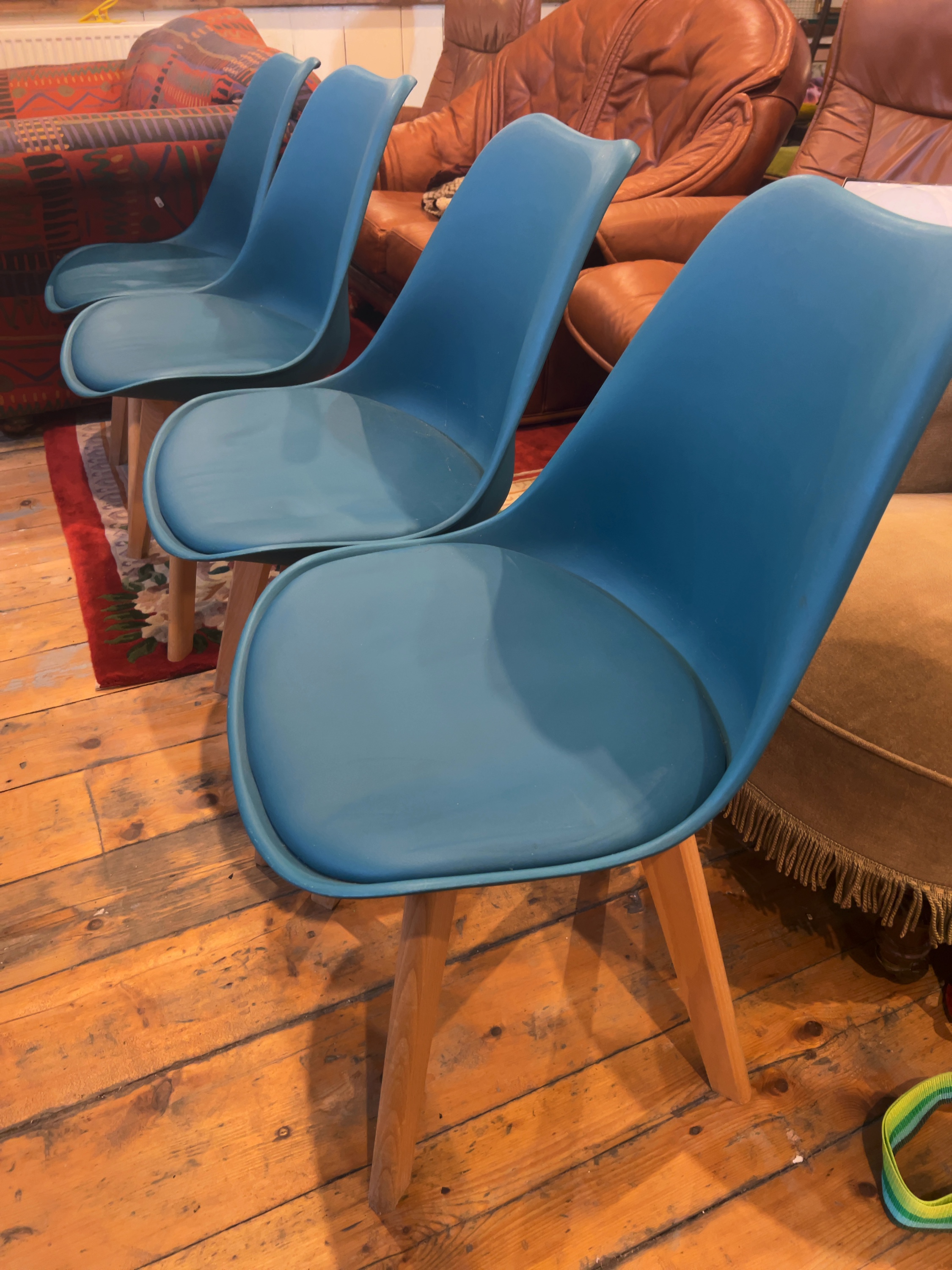 Four Contemporary Teal Moulded Plastic and Solid Wood Dining Side Chairs