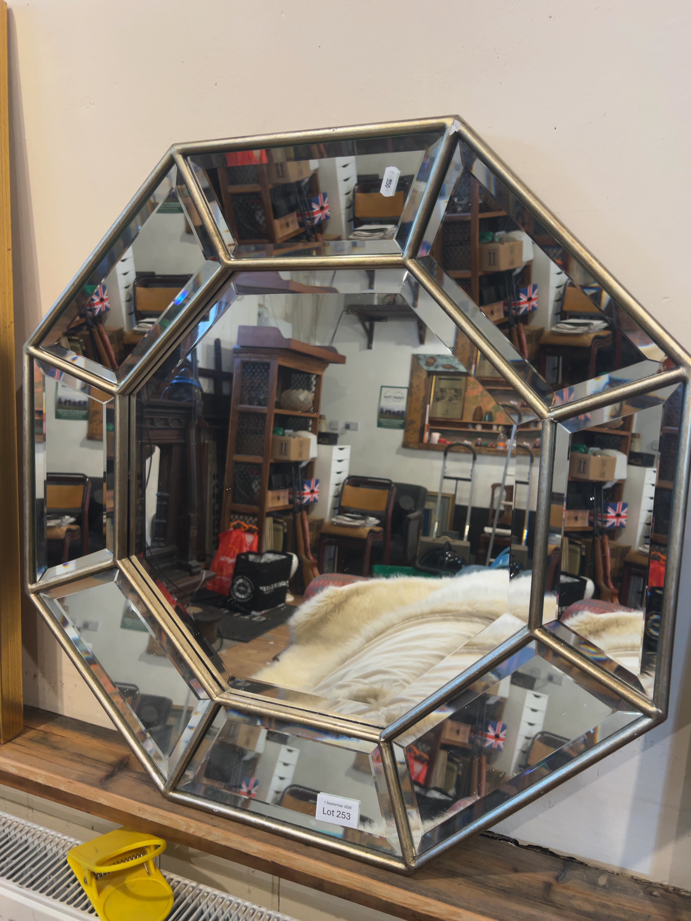 Contemporary Geometric Metallic-Framed Beveled Glass Octagonal Wall Mirror
