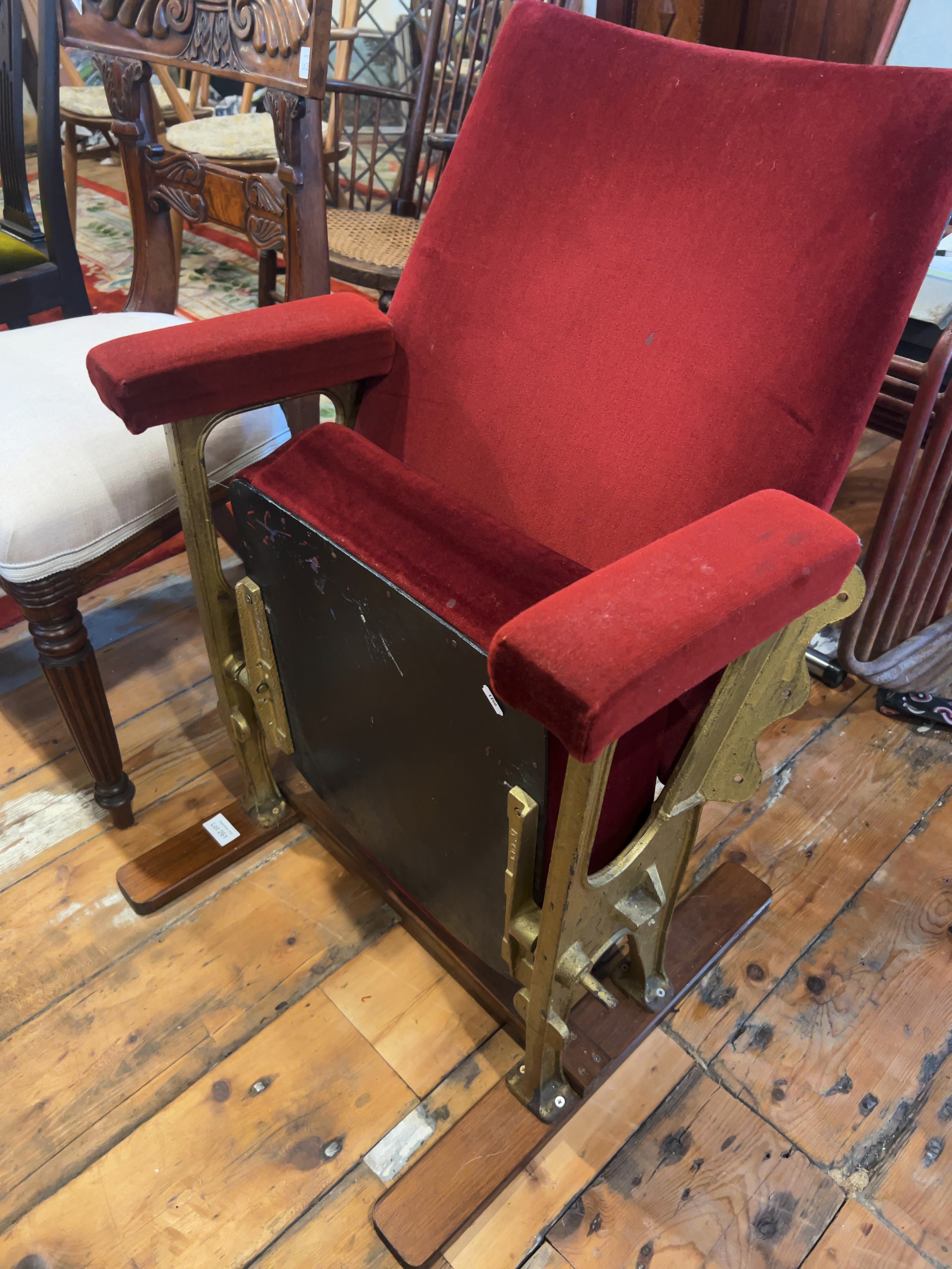 Art Deco Cast Iron and Red Velvet Single Tip-Up Cinema Seat From Lancaster Cinema