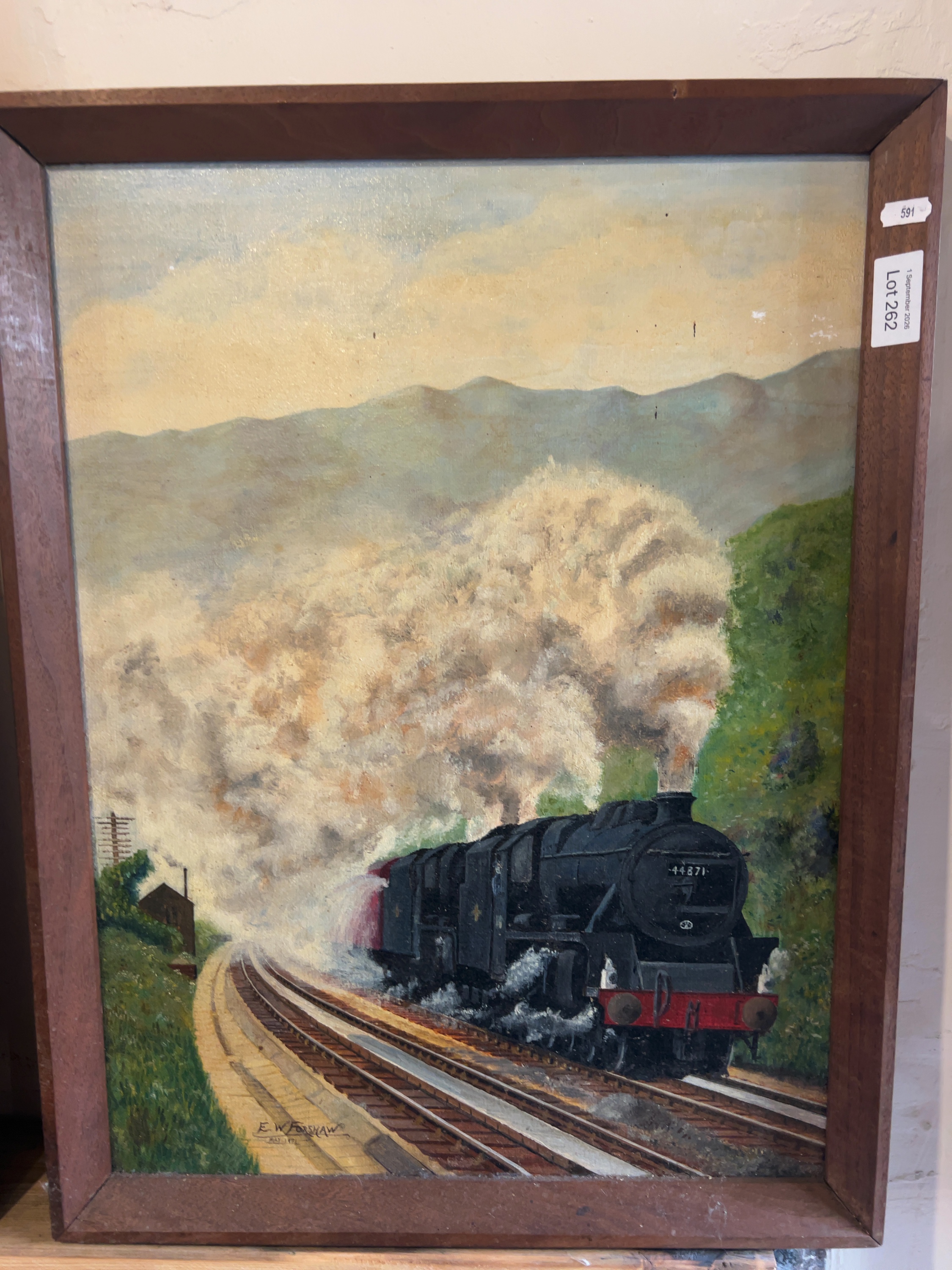 Late 20th-century E. W. Forshaw Oil on Board Railway Painting Depicting Black Five Locomotive 44871