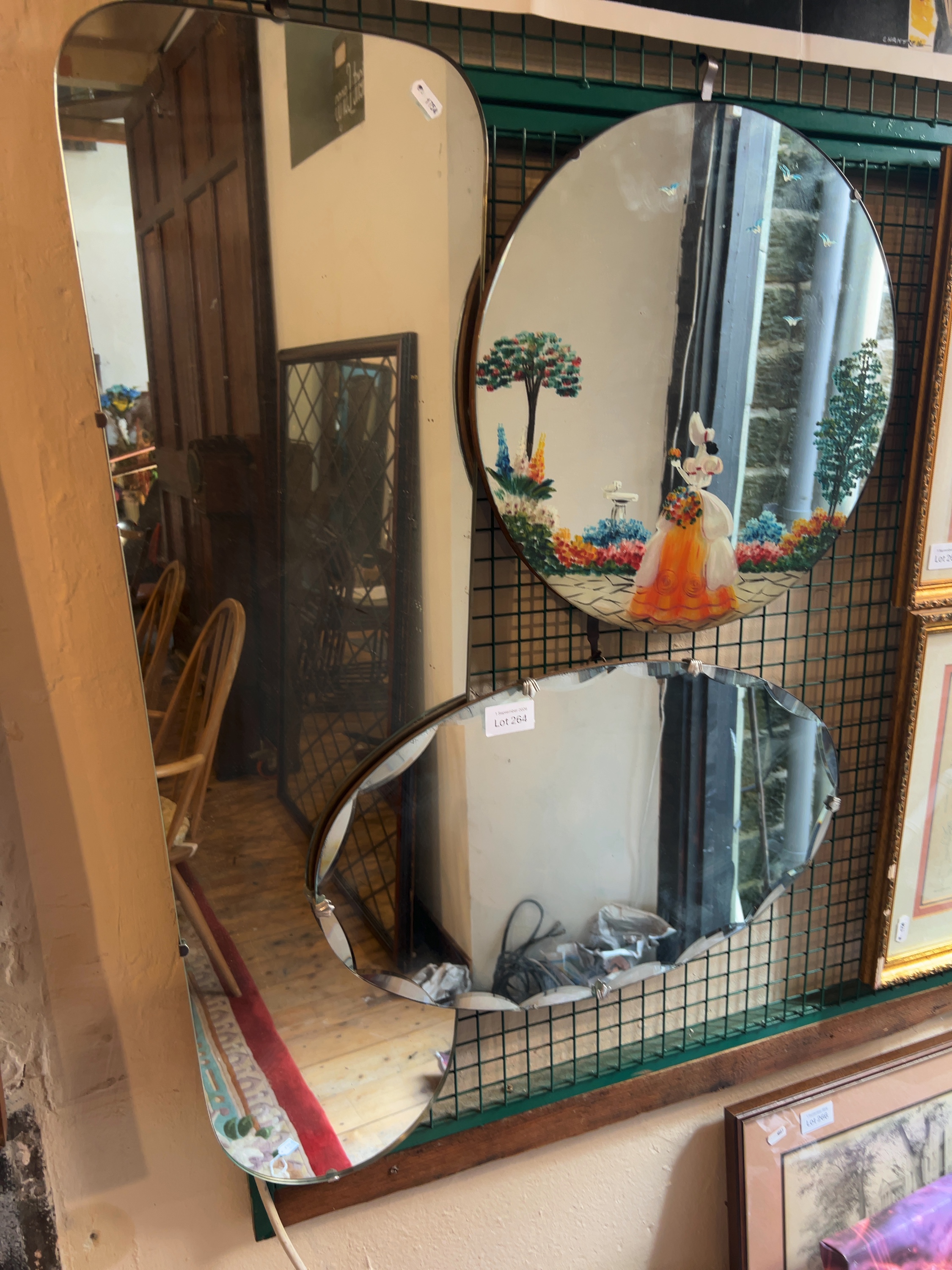 Three Mid-20th-century Wall Mirrors Including an Eglomisé Example and a Scalloped Bevelled Edge Mirror