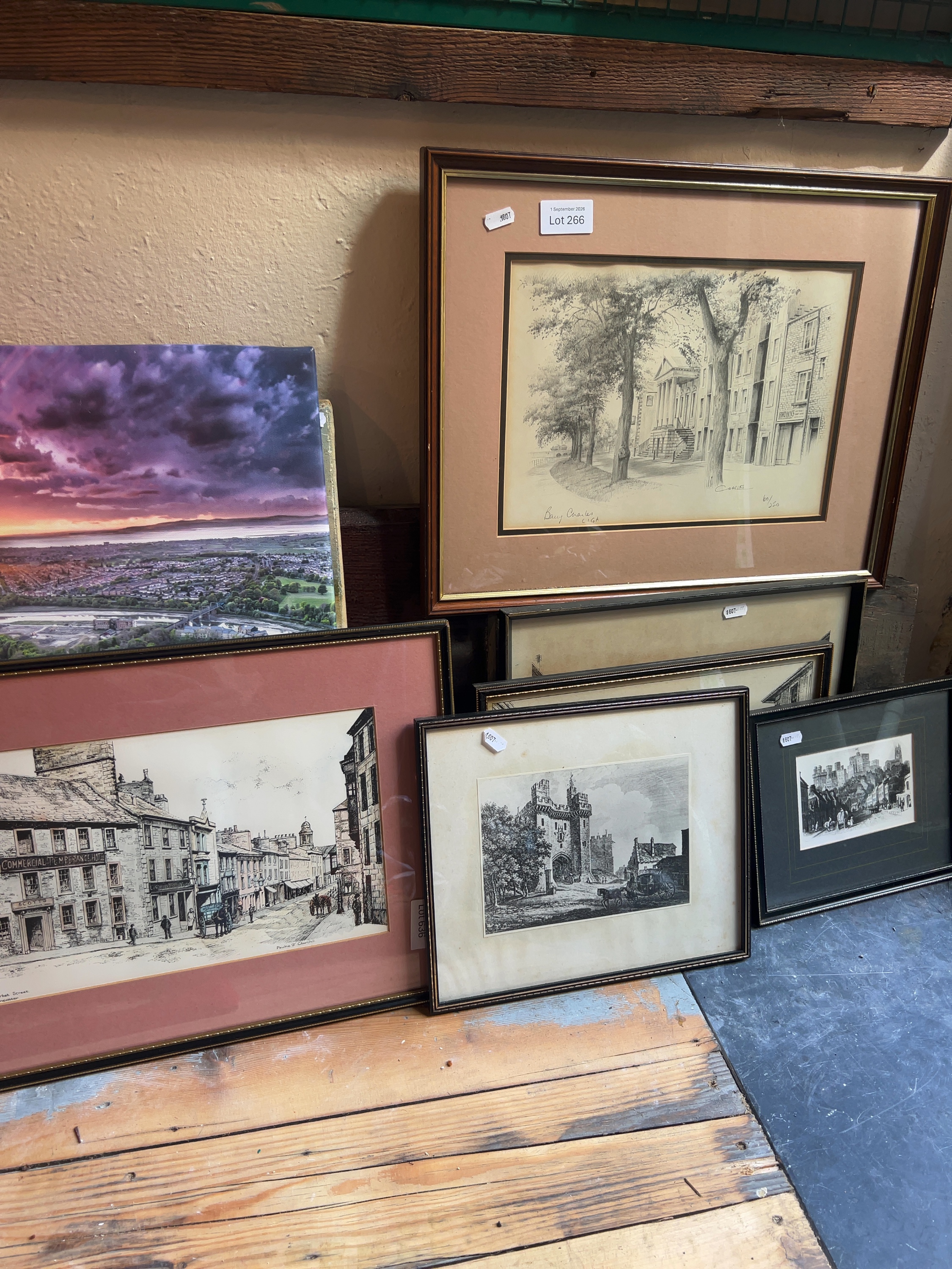Six Modern and Vintage Topographical Prints and Canvas of Lancaster Landmarks inc. works by Pauline J. Churchill and Barry Charles