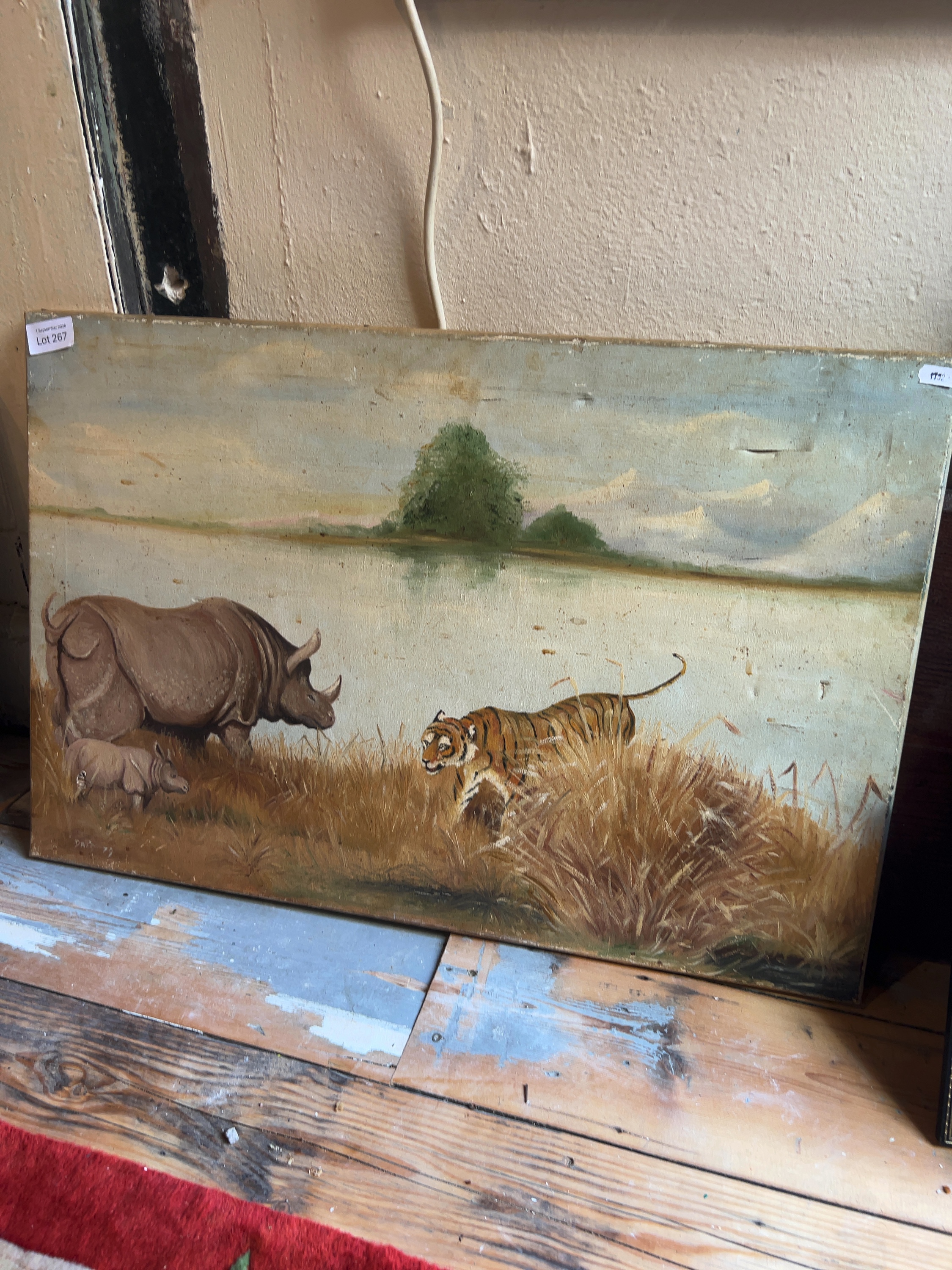 Late 20th-century Oil on Canvas Board Wildlife Painting Depicting Rhinoceros and Tiger