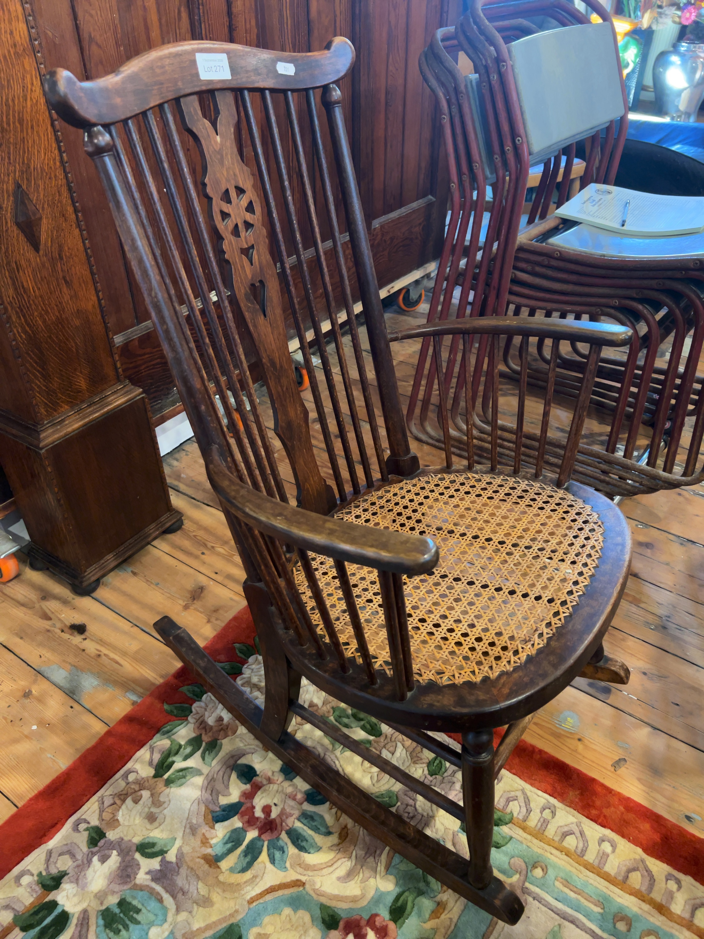 Late-Victorian Stained Hardwood High-Back Rocking Armchair