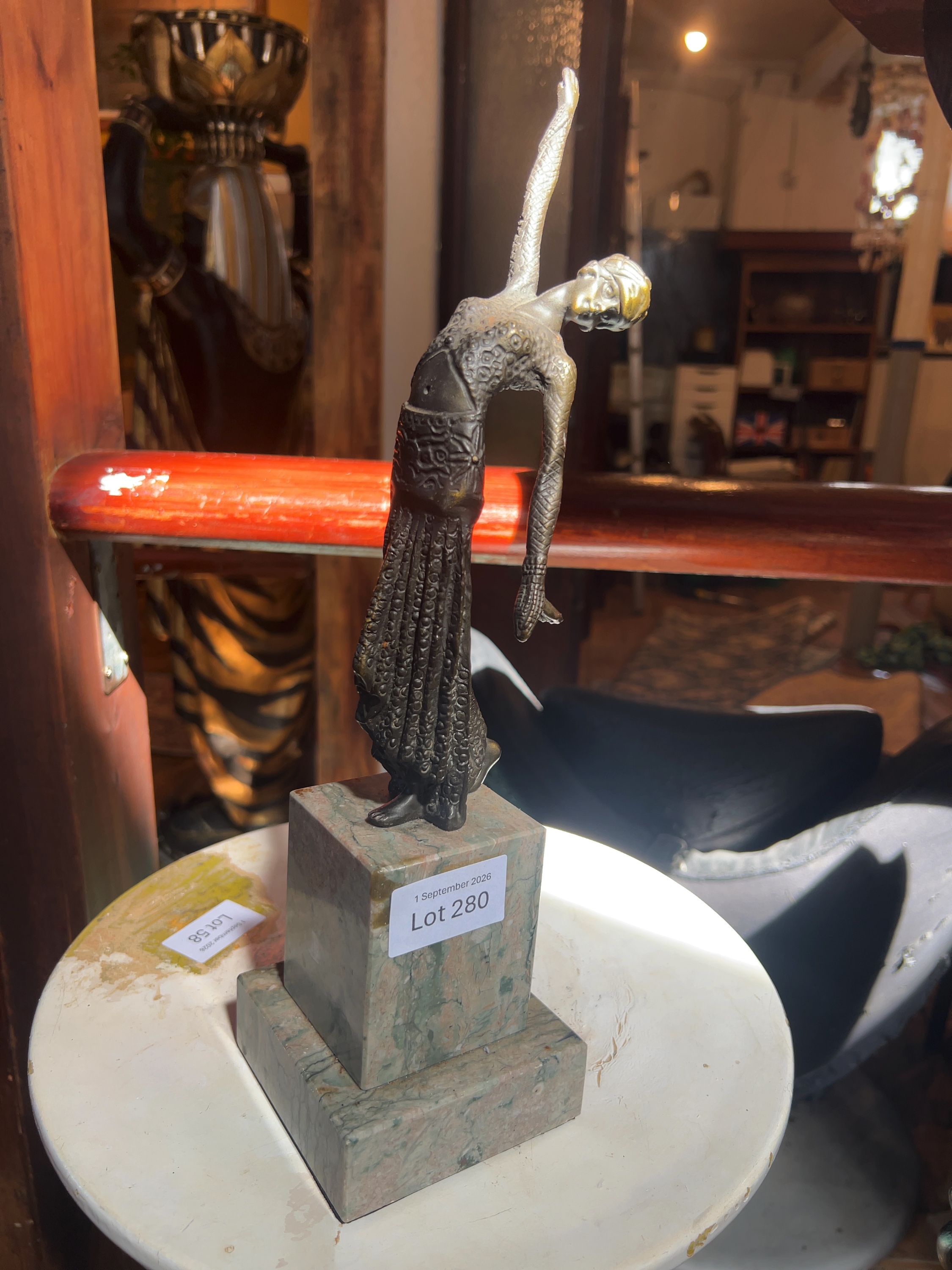 Art Deco-style Patinated Metal Dancer on Variegated Marble Base