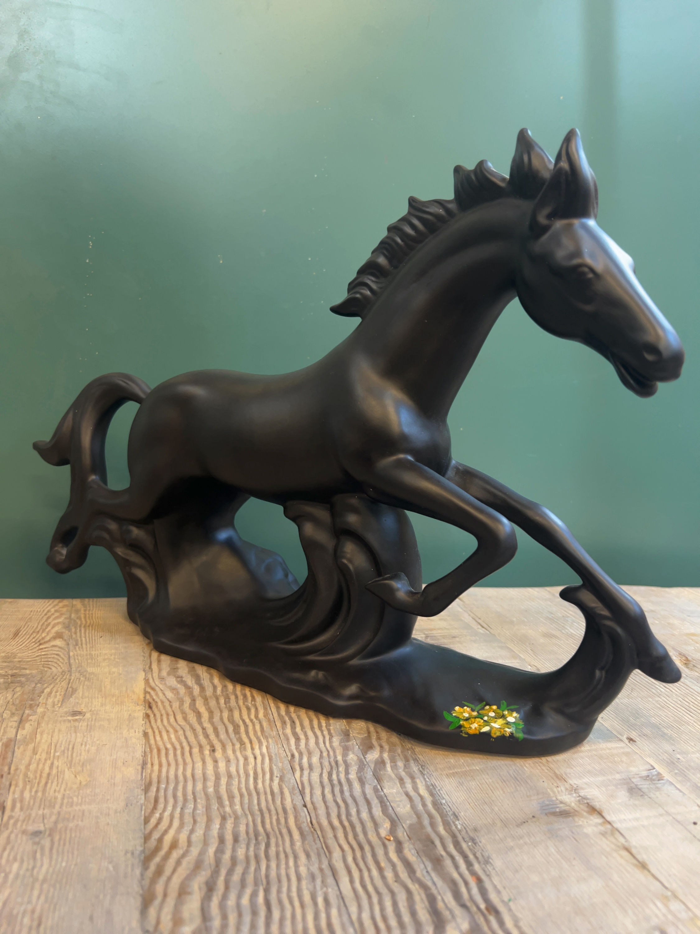 Mid-Century Sylvac-style Matte Black Ceramic Horse Figurine