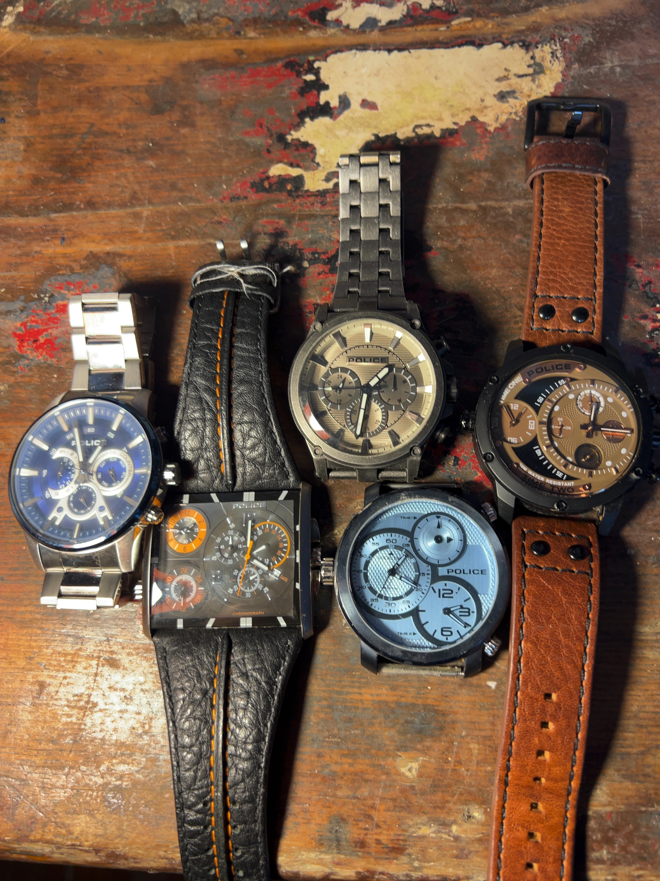 Five Police Stainless Steel Quartz Wristwatches Including Multi-Dial and Dual-Time Models