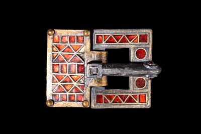 MEROVINGIAN SILVER GARNET INLAID BELT BUCKLE. Ca. AD 400 - 600. Ca. AD 400 - 600. A rectangular 