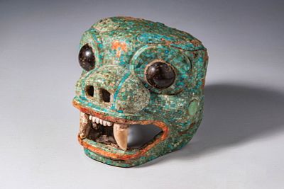 RARE AZTEC / MIXTEC TURQUOISE MOSAIC MASK OF JAGUAR. Ca. AD 1400 - 1521. A mask formed from a 