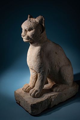 RARE LIFE-SIZE EGYPTIAN STONE CAT / SEKHMET. Late Period to Ptolemaic, Ca. 664 - 30 BC. A 