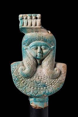 RARE EGYPTIAN TURQUOISE GLAZED FAIENCE HATHOR SISTRUM. Late Period, Ca. 664 - 332 BC. A 