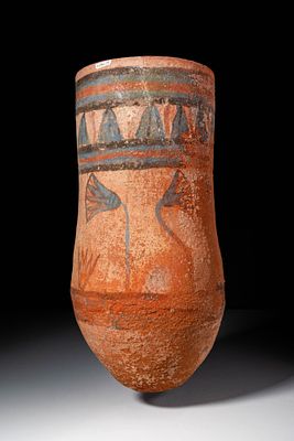 EGYPTIAN POLYCHROME TERRACOTTA VASE WITH LOTUS BLOOMS, WAS-SCEPTRE AND ANKH. New Kingdom, Ca. 