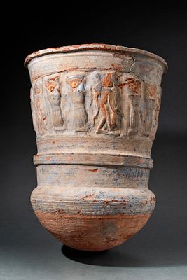 EGYPTIAN PAINTED POTTERY JAR WITH HATORIC RELIEF. New Kingdom, Ca. 1550 - 1069 BC. A wheel-made 