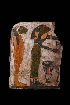 EGYPTIAN PAINTED CARTONNAGE. Ca. 664 - 30 BC. A fragment of an Egyptian painted cartonnage mummy 