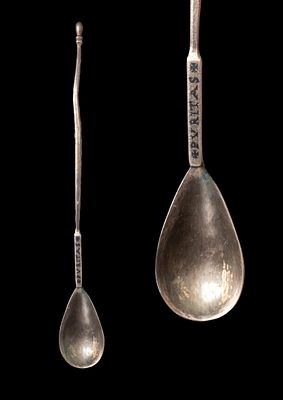 BYZANTINE SILVER AND NIELLO SPOON WITH INSCRIPTION 'PVRITAS'. Ca. AD 500 - 600. A silver spoon 