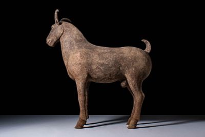 CHINESE HAN DYNASTY TERRACOTTA RAM - TL TESTED. Ca. 202 BC - AD 220. A finely modelled pottery 