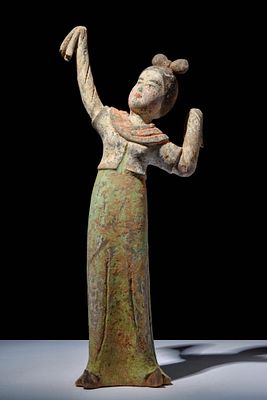 CHINESE TERRACOTTA DANCING LADY - TL TESTED. Tang Dynasty, Ca. AD 618 - 907. A terracotta 