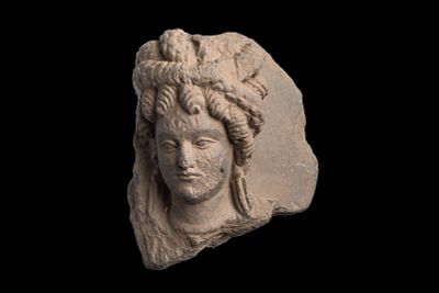 GANDHARAN STONE HEAD OF BUDDHA. Ca. AD 300 - 400. A carved stone piece depicting the head of 
