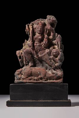 INDIAN STONE PANEL DEPICTING DURGA SLAYING THE DEMON MAHISHA. Ca. AD 1100 - 1200 or later. A 