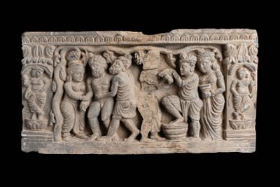 GANDHARAN STONE PANEL DEPICTING THE DRUNKEN HERACLES. Ca. AD 200 - 300. A schist stone panel 