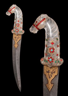 MUGHAL DAGGER (KHANJAR) WITH ROCK CRYSTAL INLAID HANDLE. Ca. 17th - 18th century AD. A steel 