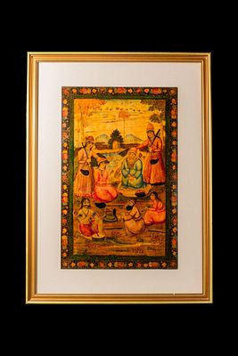 QAJAR LACQUERED PAPIER-M&Acirc;CH&Eacute; BOOKBINDING COVER: DERVISH WITH VISITORS AND ATTENDANTS. Ca. 19th - 