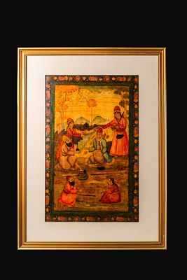 QAJAR LACQUERED PAPIER-M&Acirc;CH&Eacute; BOOKBINDING COVER: DERVISH RECEIVING A YOUTH. Ca. 19th - 20th 