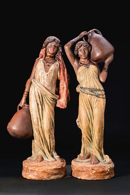 PAIR OF PAINTED CHALK FIGURES. Ca. 18th century AD. A pair of painted chalk figures of female 