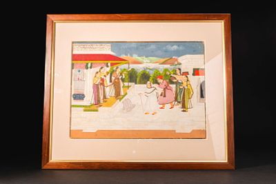 INDIAN MINIATURE PAINTING WITH PALACE SCENE. Ca. 1st half of 19th century AD. A miniature 