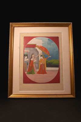 MUGHAL MINIATURE WITH PALACE SCENE. Ca. 19th - 20th century AD. A watercolour miniature on paper 