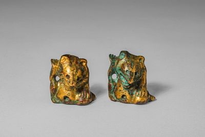 PAIR OF CHINESE GILT BRONZE BEARS. Han Dynasty, Ca. 2nd century BC - 3rd century AD. A pair of 