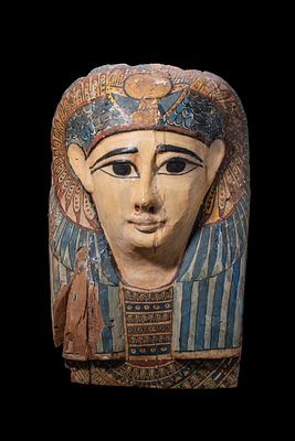 EGYPTIAN POLYCHROME WOOD SARCOPHAGUS MASK. Late Period, Ca. 664 - 332 BC A polychrome wood 