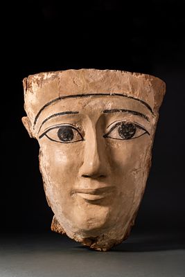 EGYPTIAN WOOD AND PLASTER SARCOPHAGUS MASK. Late Period to Ptolemaic Period, Ca. 664 - 3o BCA 